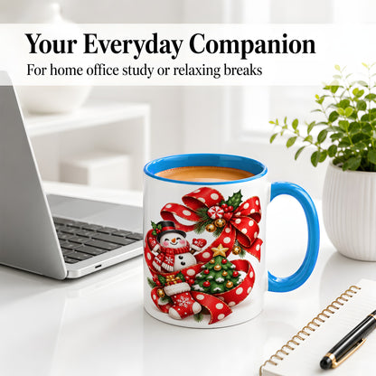 #pl[11oz|Blue] Snowman Christmas Bow Accent Mug, Ceramic Cup with Festive Art
