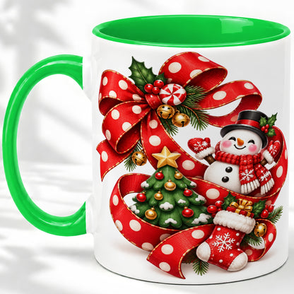 #pl[11oz|Green] Snowman Christmas Bow Accent Mug, Ceramic Cup with Festive Art