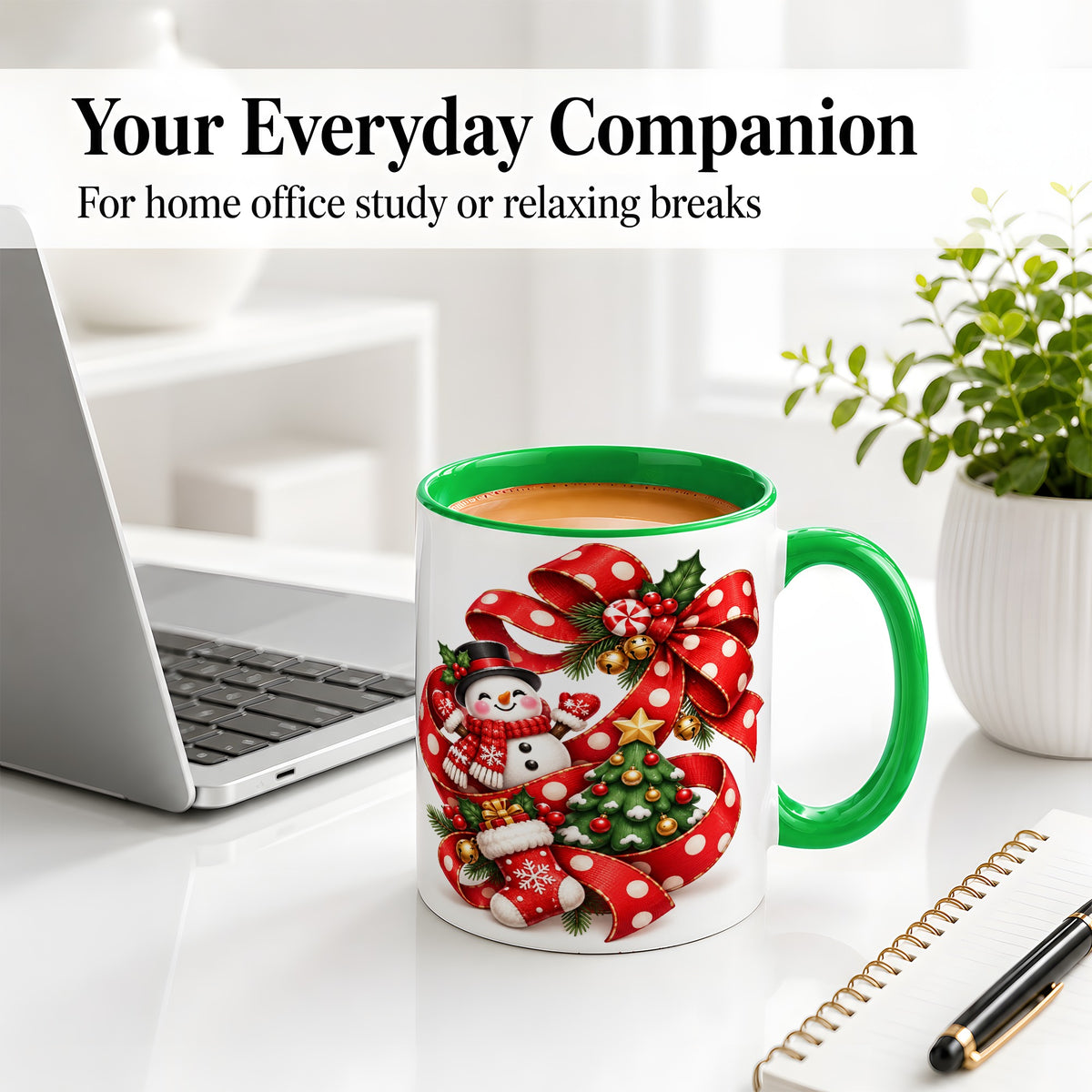 #pl[11oz|Green] Snowman Christmas Bow Accent Mug, Ceramic Cup with Festive Art