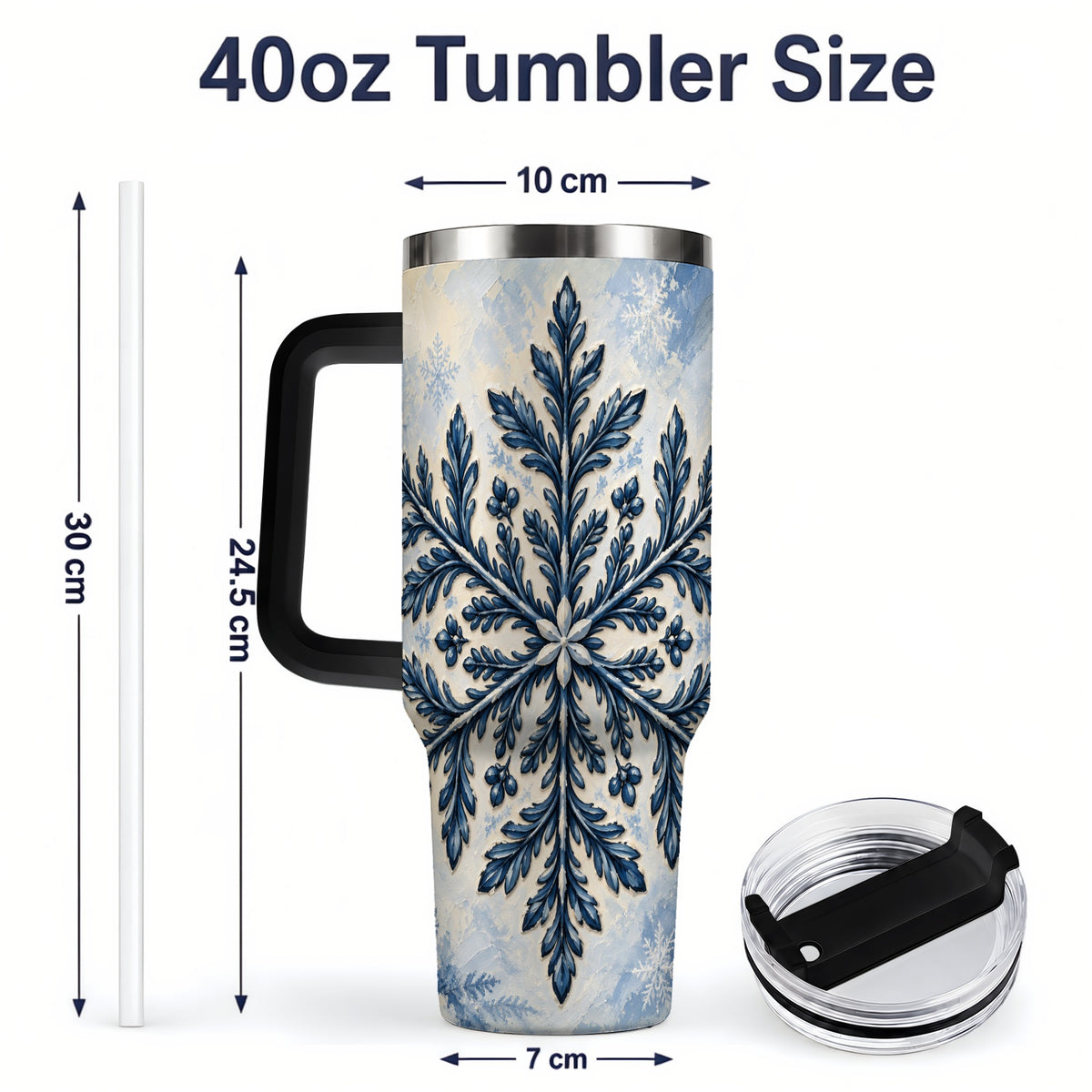 #pl[40oz|Black] Navy Blue Snowflake 40oz Tumbler, Botanical Winter Pattern Artwork