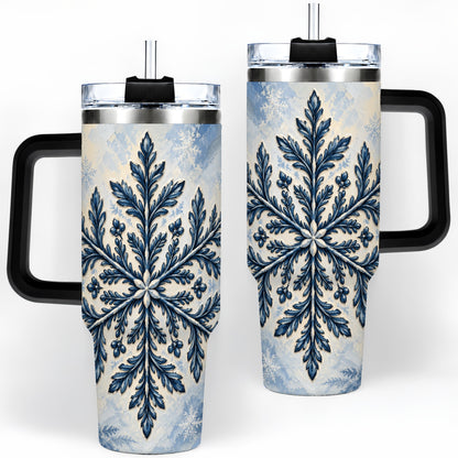 #pl[40oz|Black] Navy Blue Snowflake 40oz Tumbler, Botanical Winter Pattern Artwork