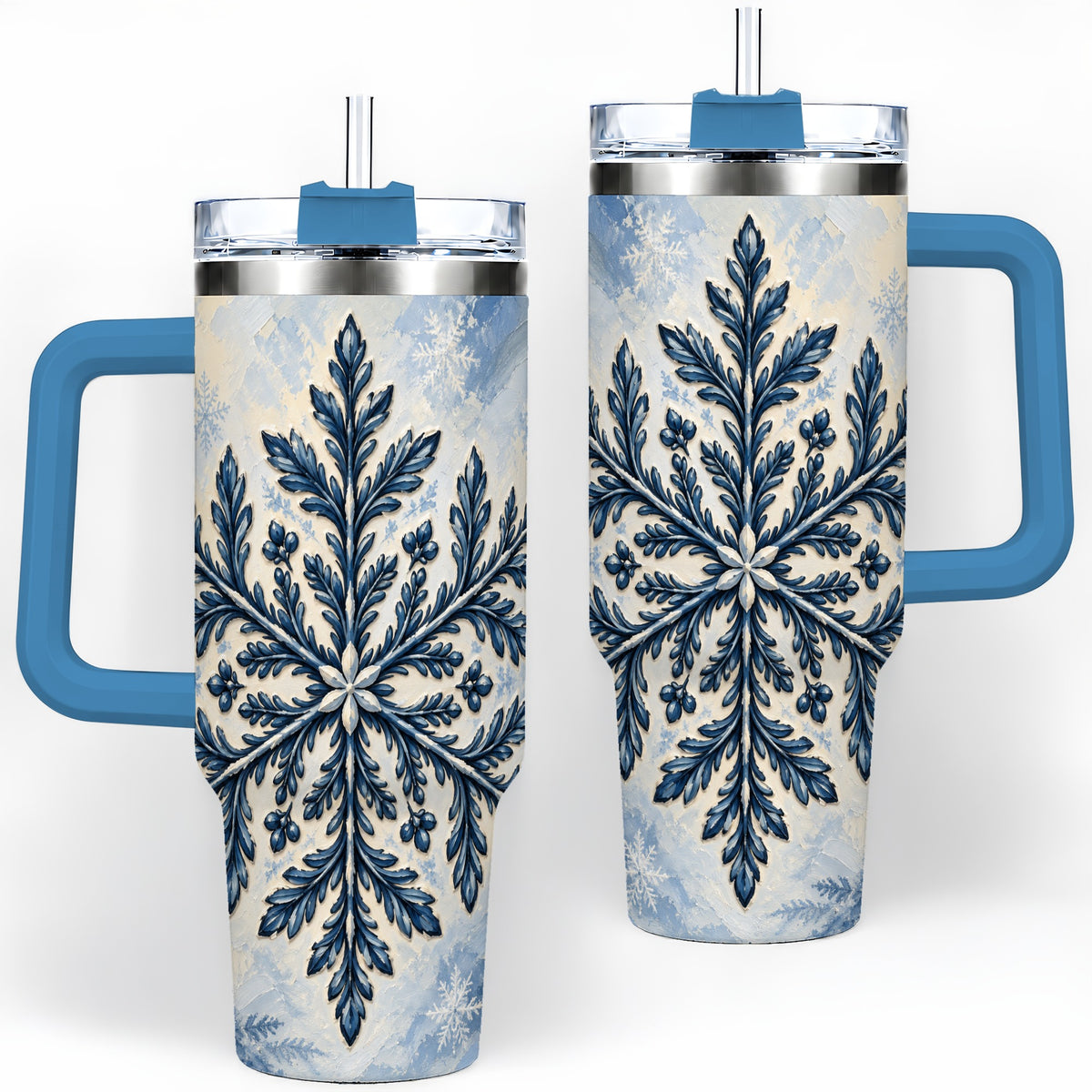 #pl[40oz|Blue] Navy Blue Snowflake 40oz Tumbler, Botanical Winter Pattern Artwork
