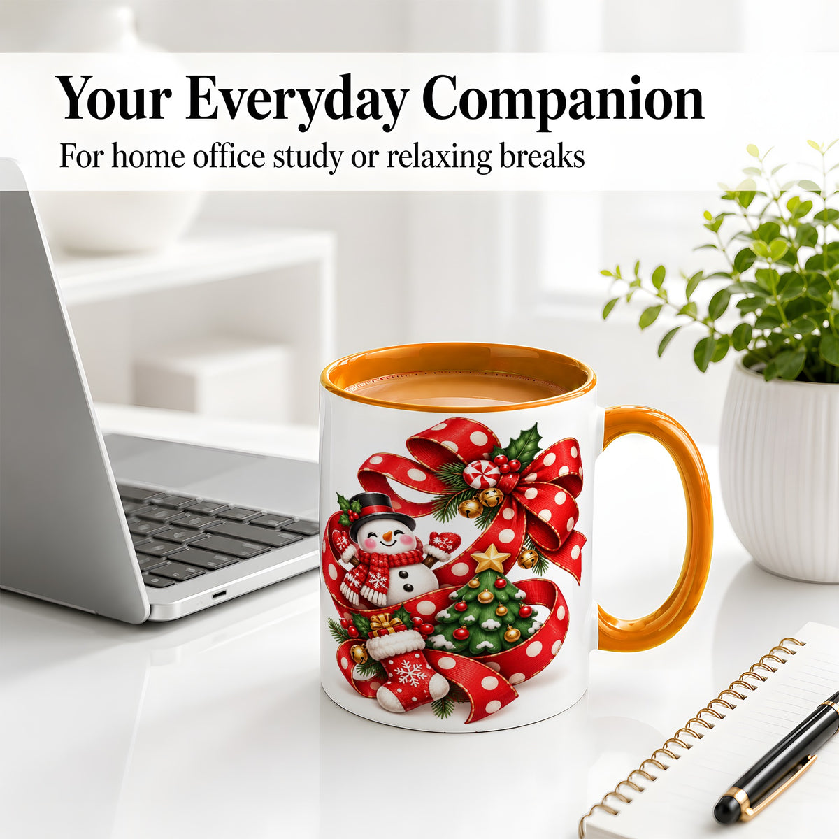 #pl[11oz|Orange] Snowman Christmas Bow Accent Mug, Ceramic Cup with Festive Art