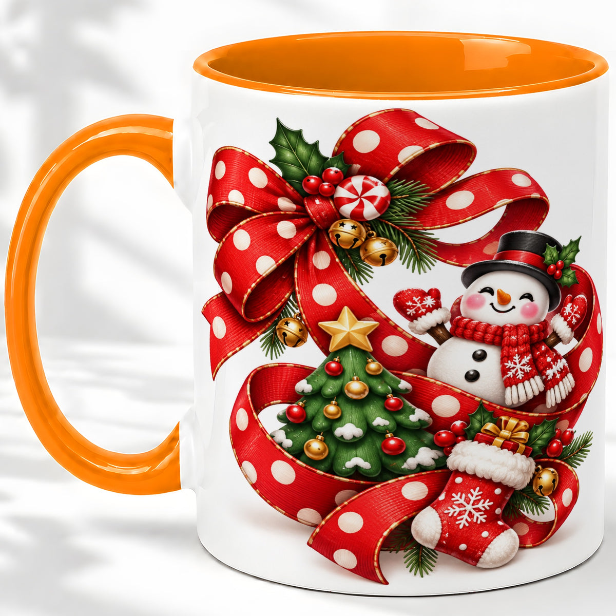 #pl[11oz|Orange] Snowman Christmas Bow Accent Mug, Ceramic Cup with Festive Art