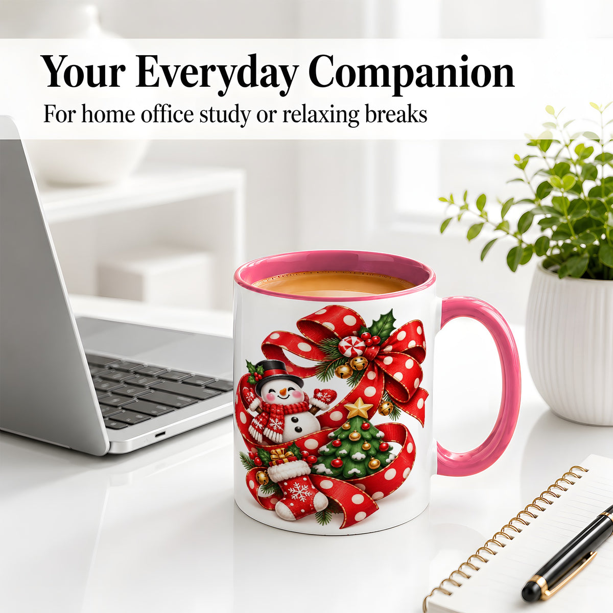 #pl[11oz|Pink] Snowman Christmas Bow Accent Mug, Ceramic Cup with Festive Art