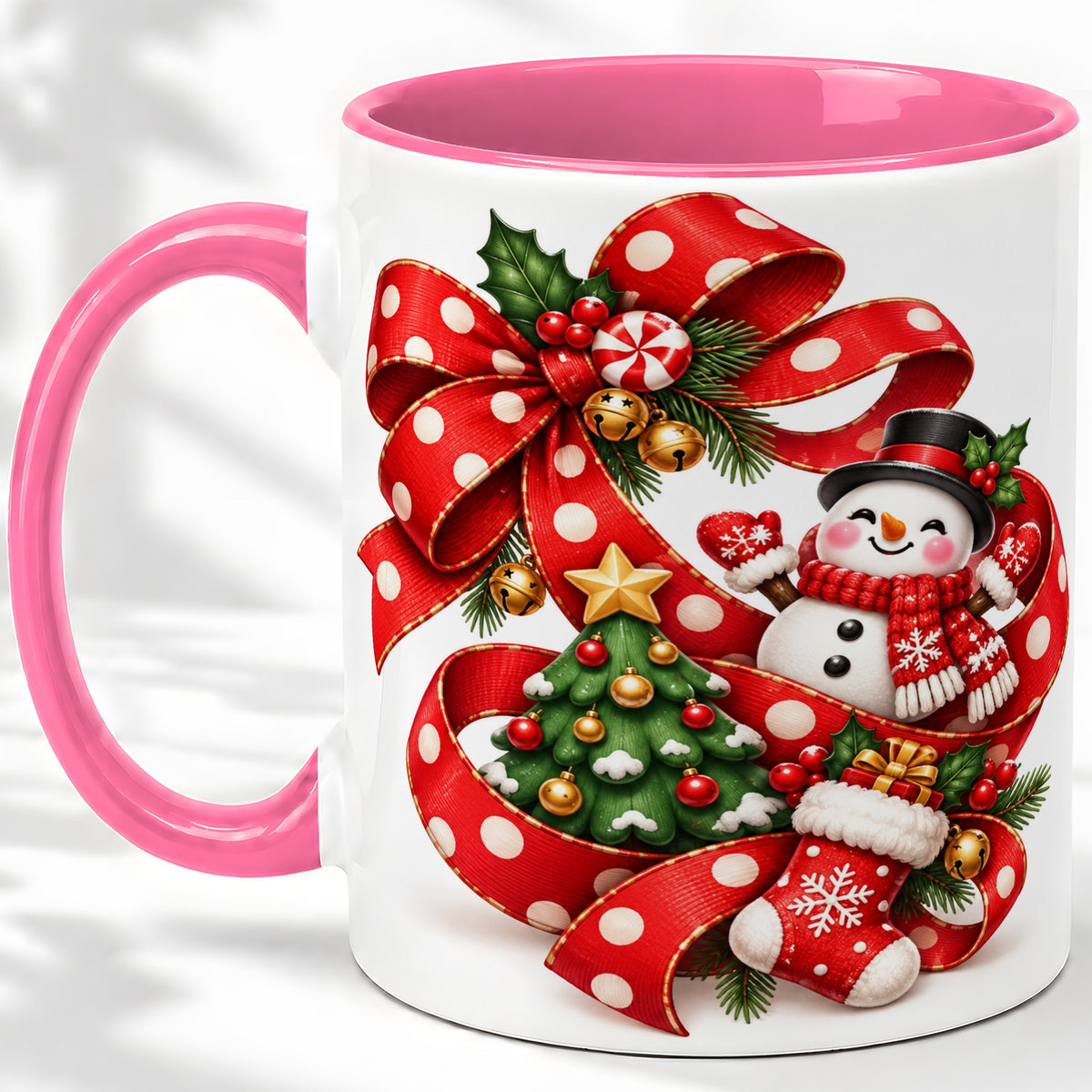 #pl[11oz|Pink] Snowman Christmas Bow Accent Mug, Ceramic Cup with Festive Art