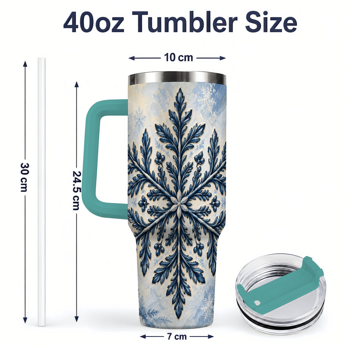 #pl[40oz|Green] Navy Blue Snowflake 40oz Tumbler, Botanical Winter Pattern Artwork