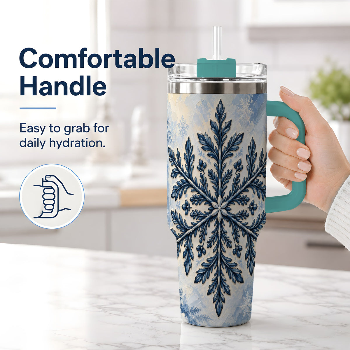 #pl[40oz|Green] Navy Blue Snowflake 40oz Tumbler, Botanical Winter Pattern Artwork