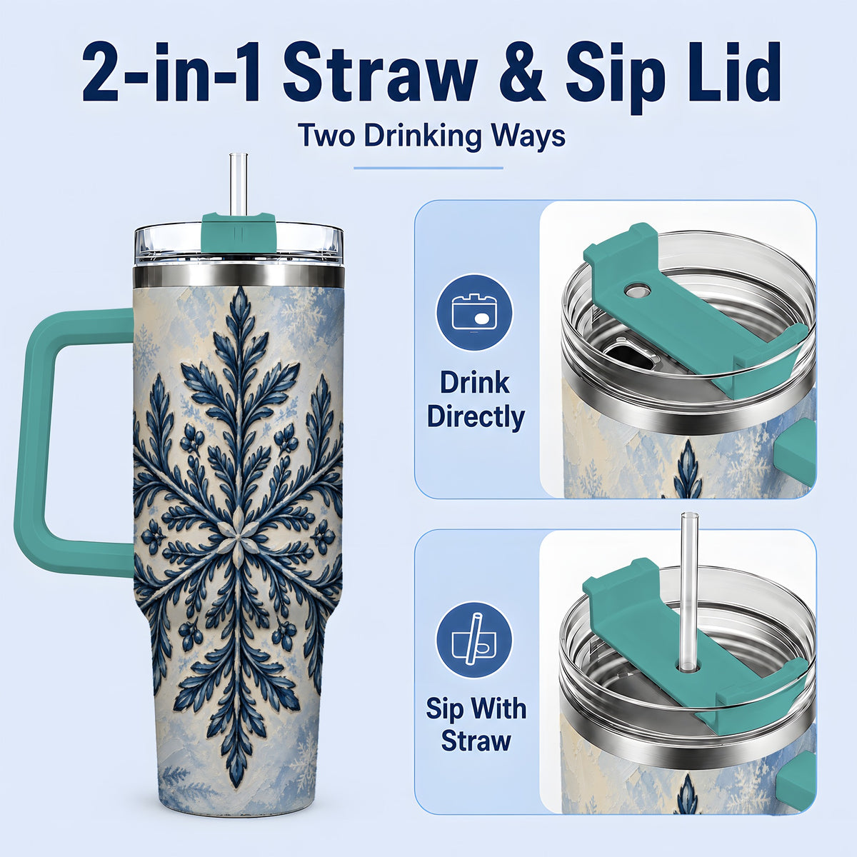 #pl[40oz|Green] Navy Blue Snowflake 40oz Tumbler, Botanical Winter Pattern Artwork