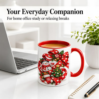 #pl[11oz|Red] Snowman Christmas Bow Accent Mug, Ceramic Cup with Festive Art