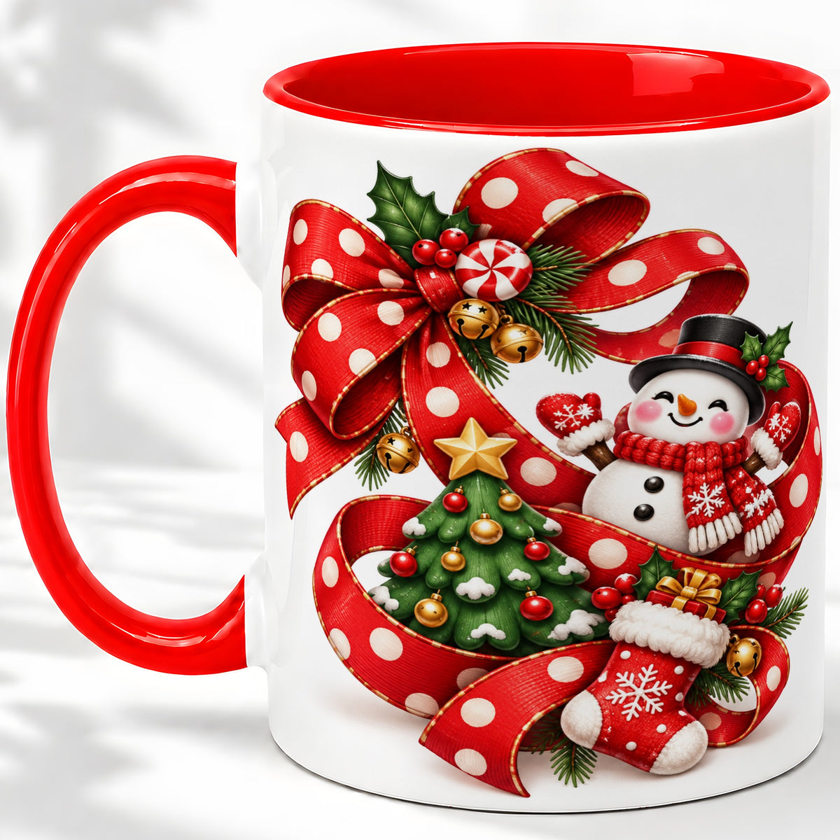 Snowman Christmas Bow Accent Mug, Ceramic Cup with Festive Art