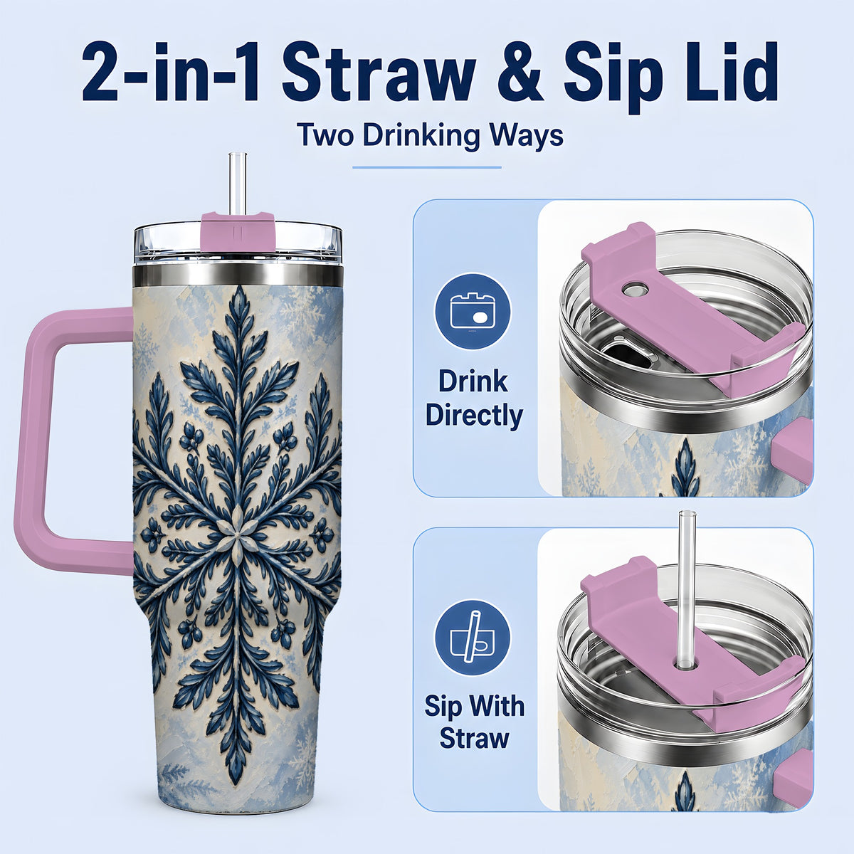 #pl[40oz|Pink] Navy Blue Snowflake 40oz Tumbler, Botanical Winter Pattern Artwork