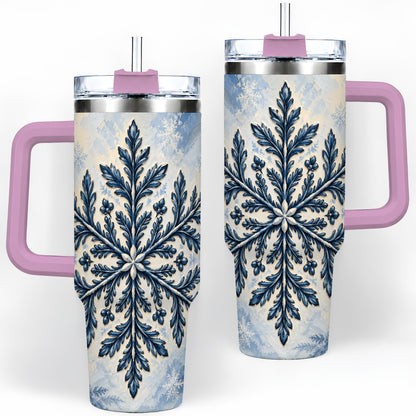 #pl[40oz|Pink] Navy Blue Snowflake 40oz Tumbler, Botanical Winter Pattern Artwork