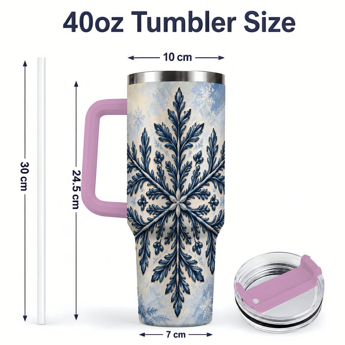 #pl[40oz|Pink] Navy Blue Snowflake 40oz Tumbler, Botanical Winter Pattern Artwork