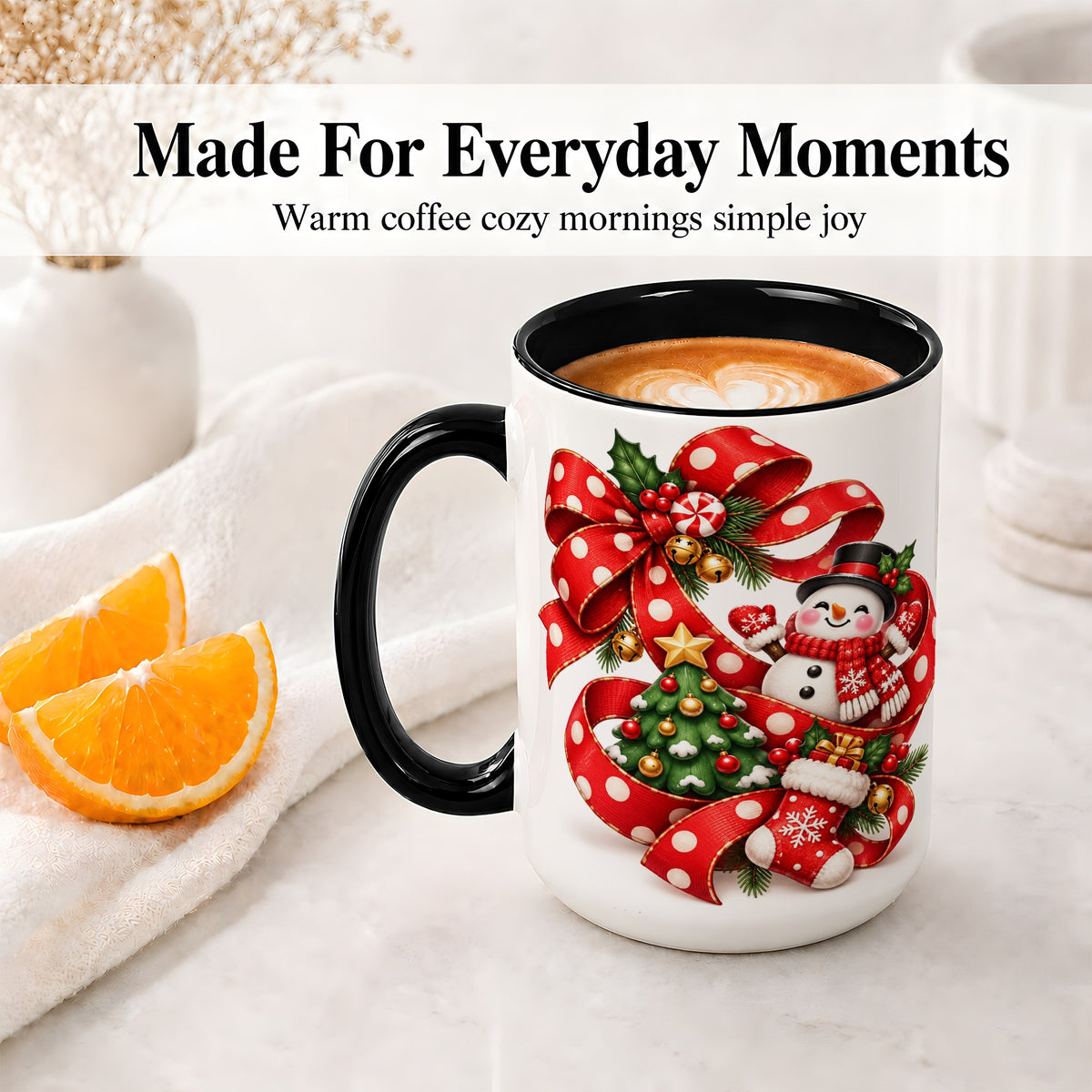 #pl[15oz|Black] Snowman Christmas Bow Accent Mug, Ceramic Cup with Festive Art