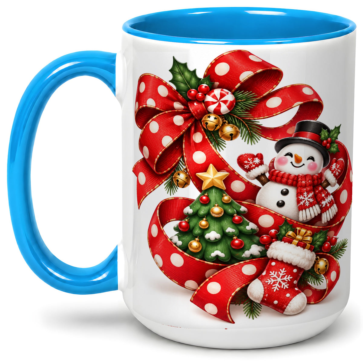 #pl[15oz|Blue] Snowman Christmas Bow Accent Mug, Ceramic Cup with Festive Art