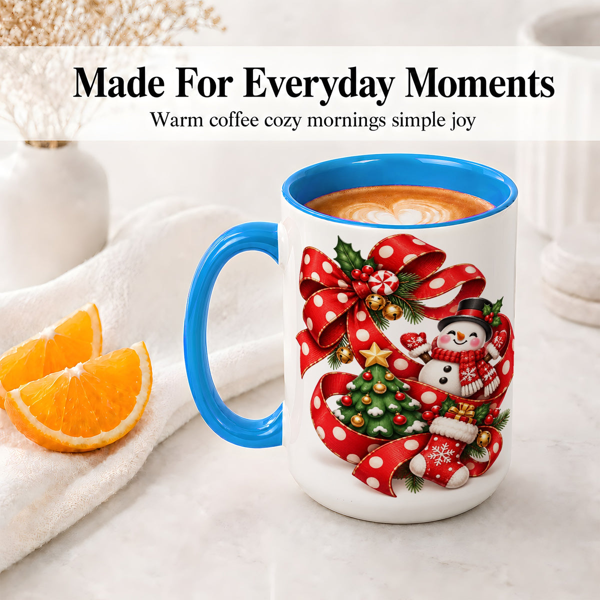 #pl[15oz|Blue] Snowman Christmas Bow Accent Mug, Ceramic Cup with Festive Art