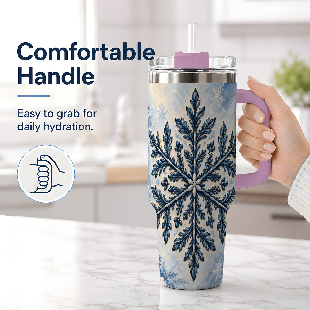 #pl[40oz|Pink] Navy Blue Snowflake 40oz Tumbler, Botanical Winter Pattern Artwork