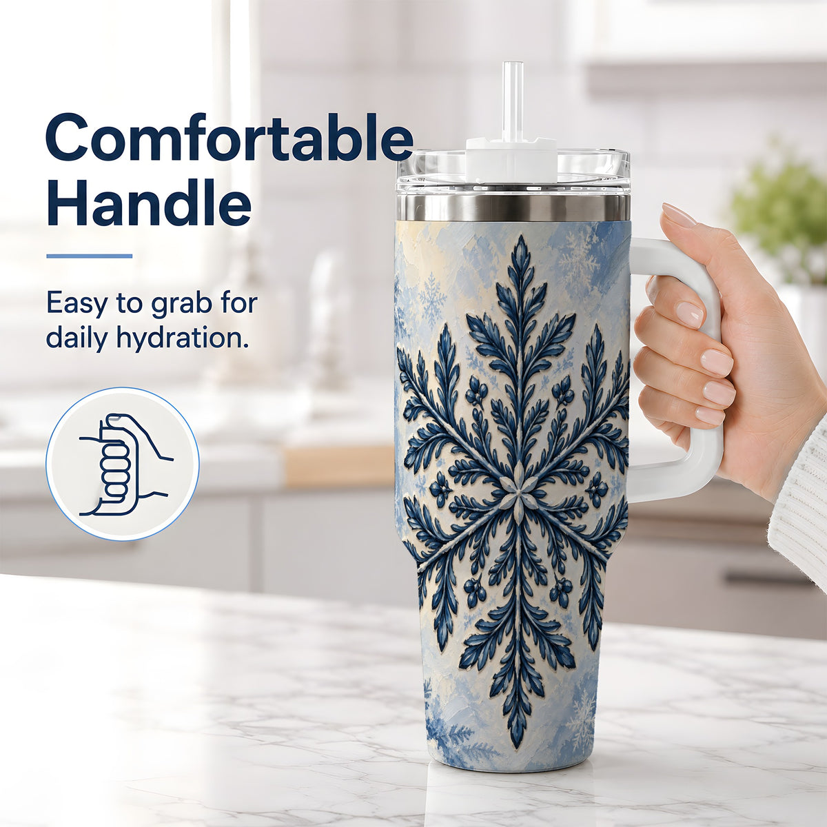 #pl[40oz|White] Navy Blue Snowflake 40oz Tumbler, Botanical Winter Pattern Artwork