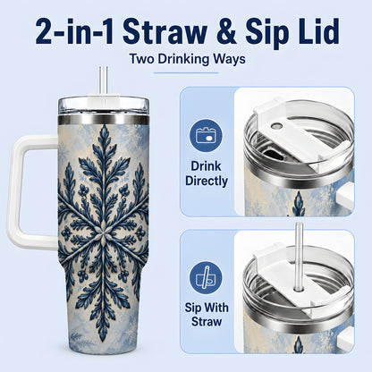 #pl[40oz|White] Navy Blue Snowflake 40oz Tumbler, Botanical Winter Pattern Artwork