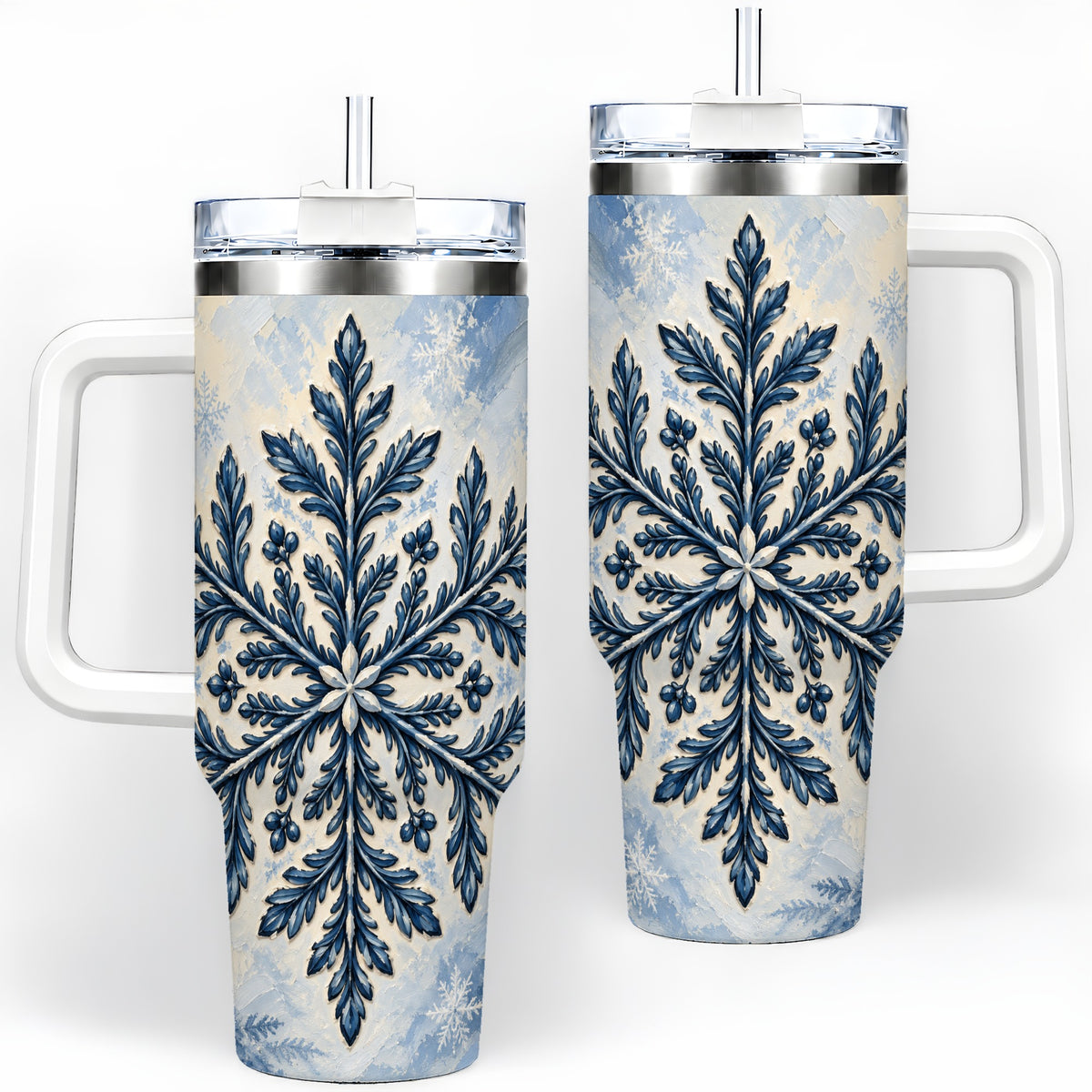 Navy Blue Snowflake 40oz Tumbler, Botanical Winter Pattern Artwork