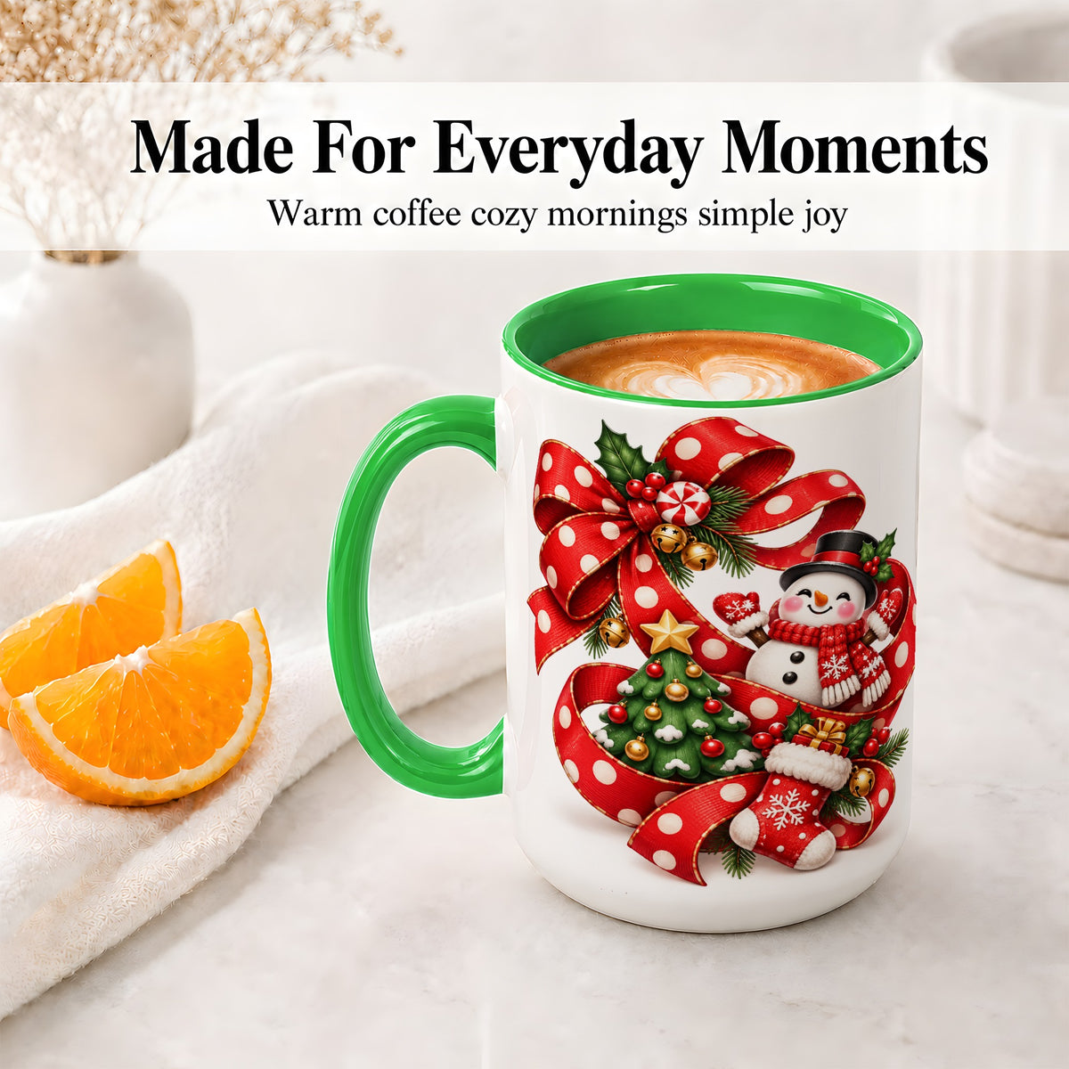 #pl[15oz|Green] Snowman Christmas Bow Accent Mug, Ceramic Cup with Festive Art