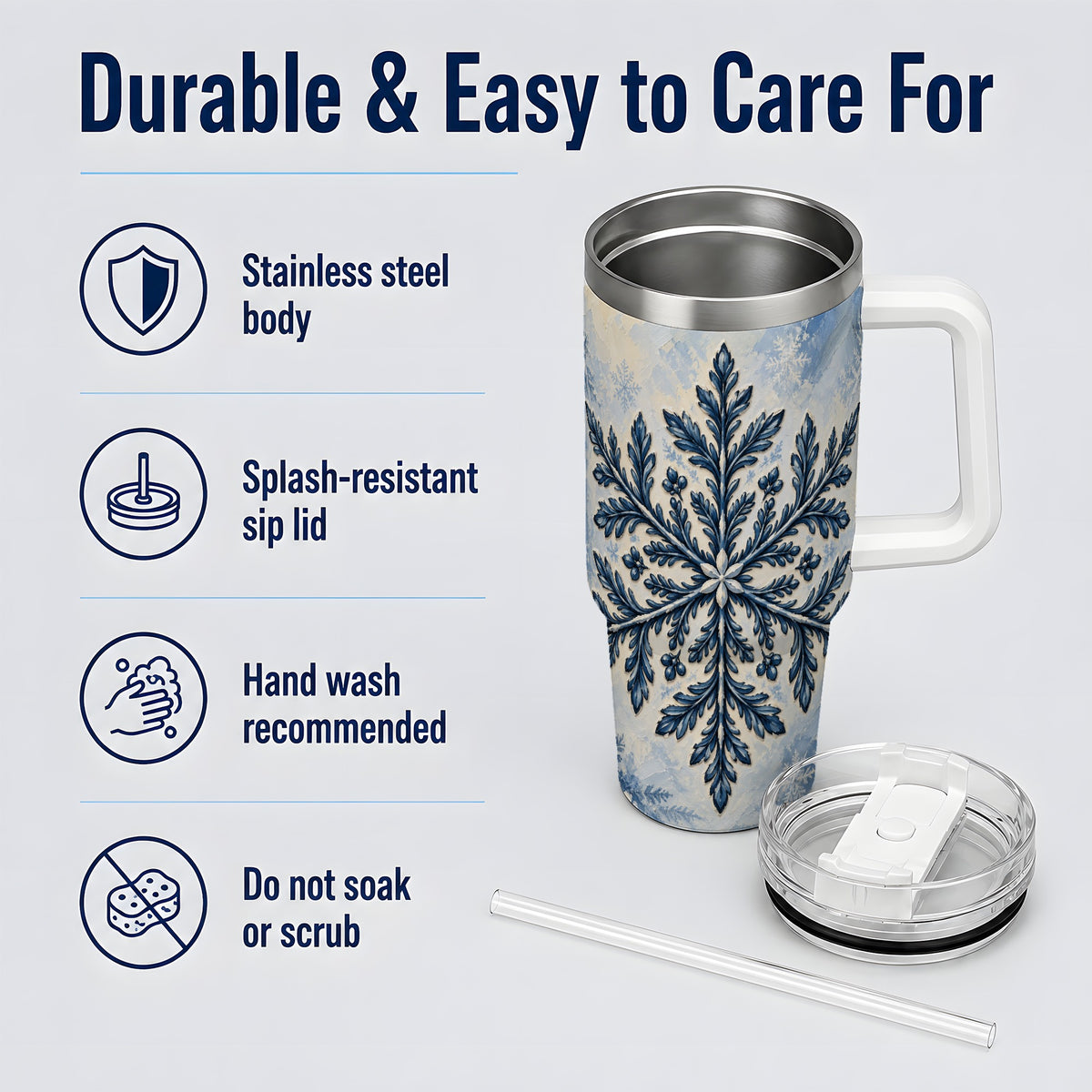 Navy Blue Snowflake 40oz Tumbler, Botanical Winter Pattern Artwork
