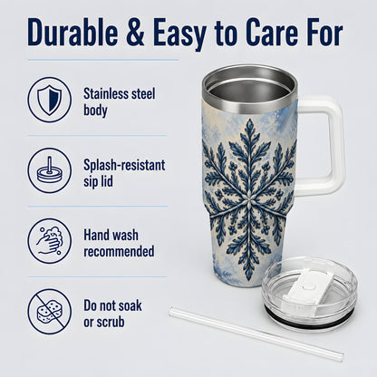 Navy Blue Snowflake 40oz Tumbler, Botanical Winter Pattern Artwork