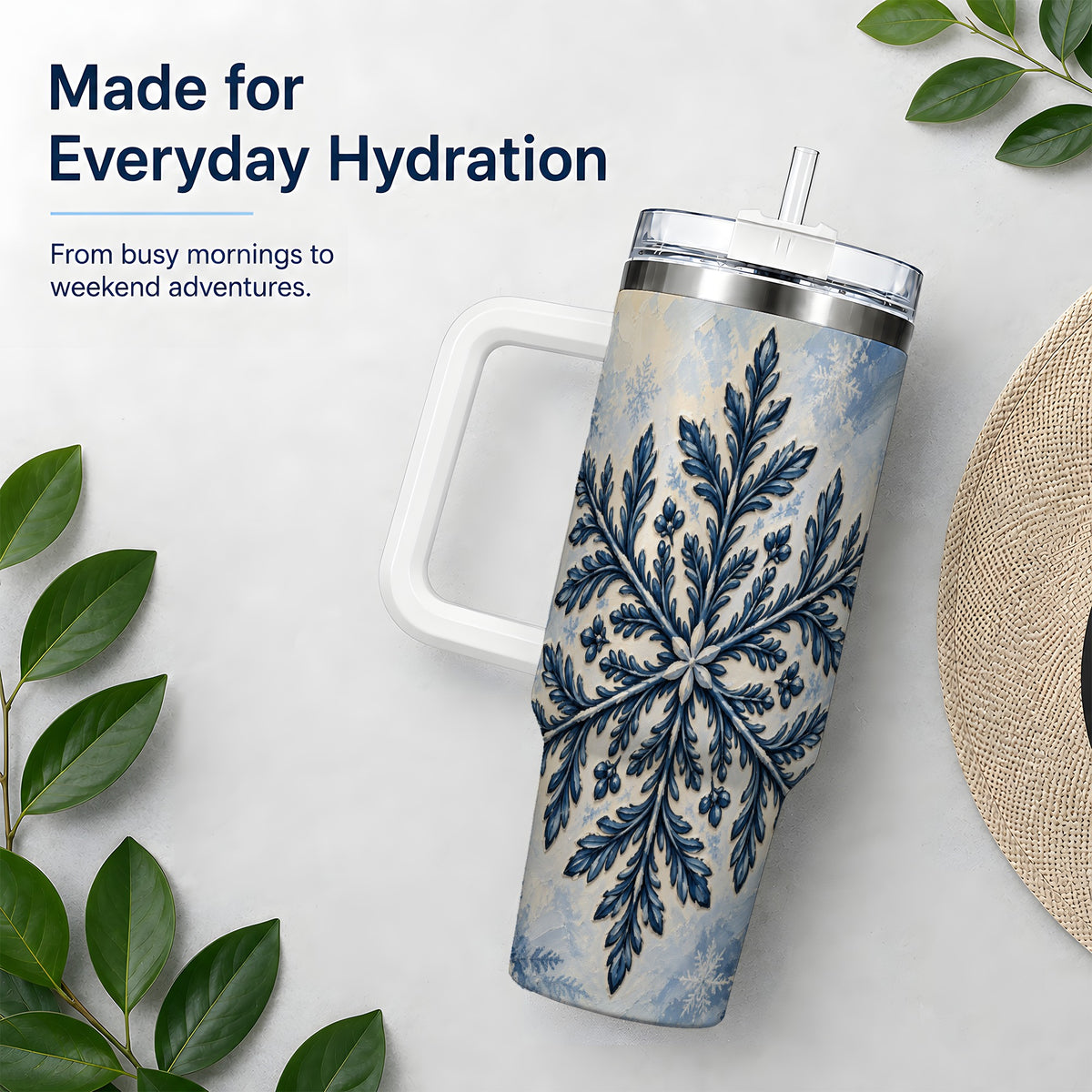 Navy Blue Snowflake 40oz Tumbler, Botanical Winter Pattern Artwork