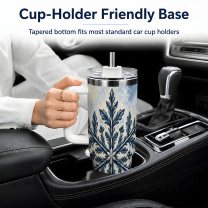 Navy Blue Snowflake 40oz Tumbler, Botanical Winter Pattern Artwork