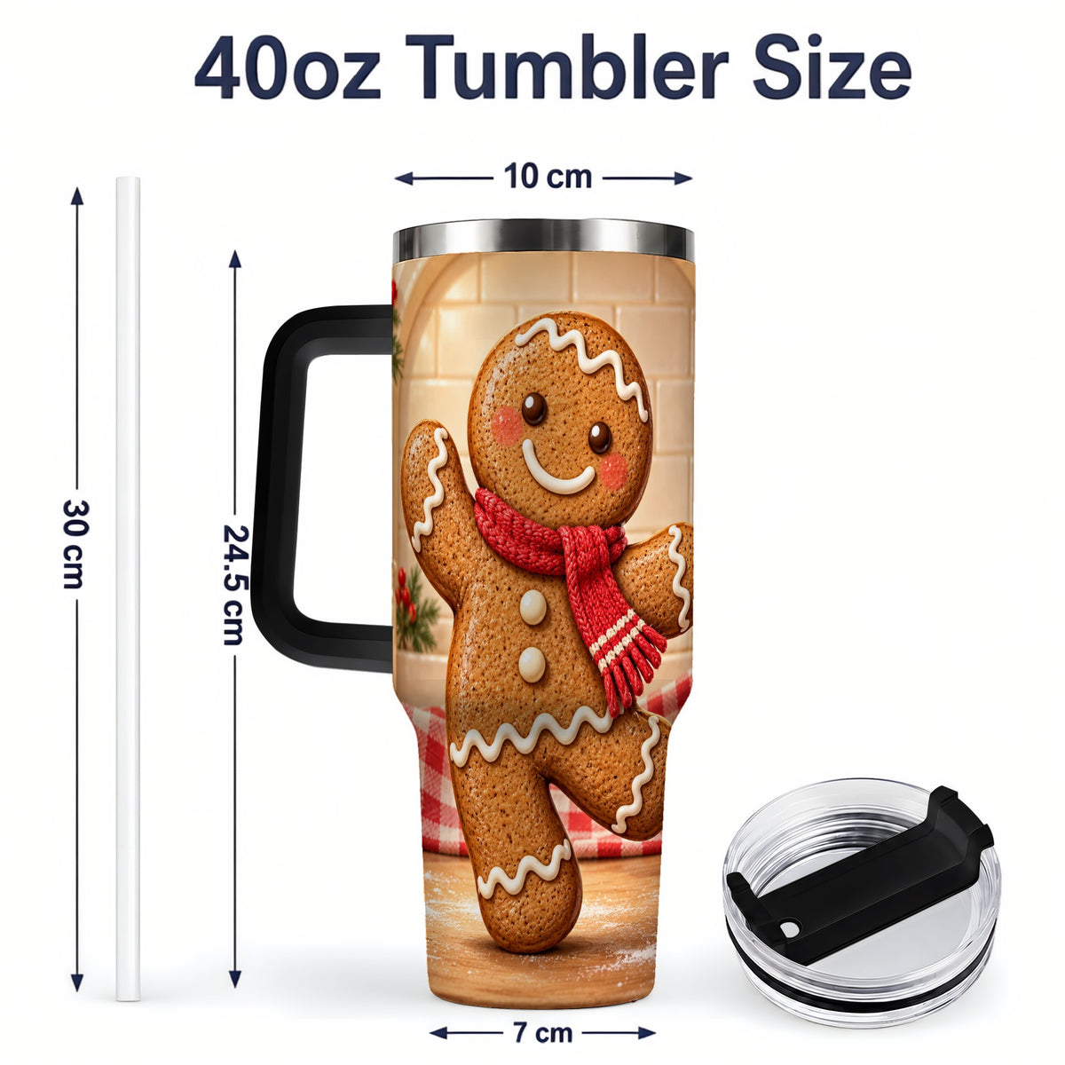 #pl[40oz|Black] Gingerbread Cookie 40oz Tumbler, Festive Red Scarf Holiday Design