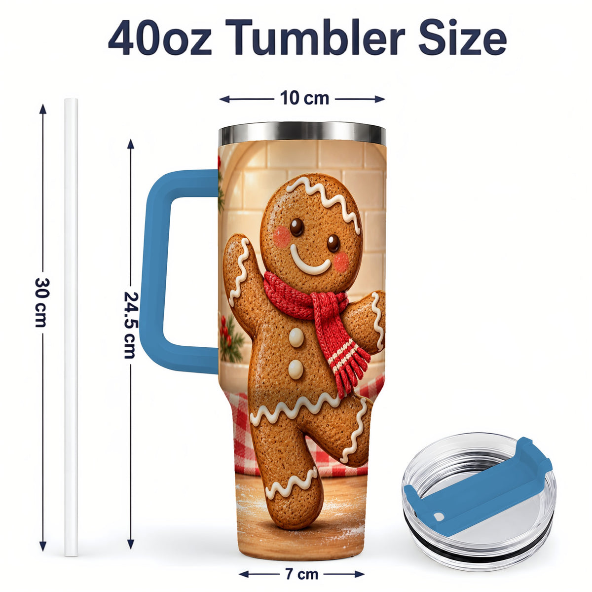 #pl[40oz|Blue] Gingerbread Cookie 40oz Tumbler, Festive Red Scarf Holiday Design