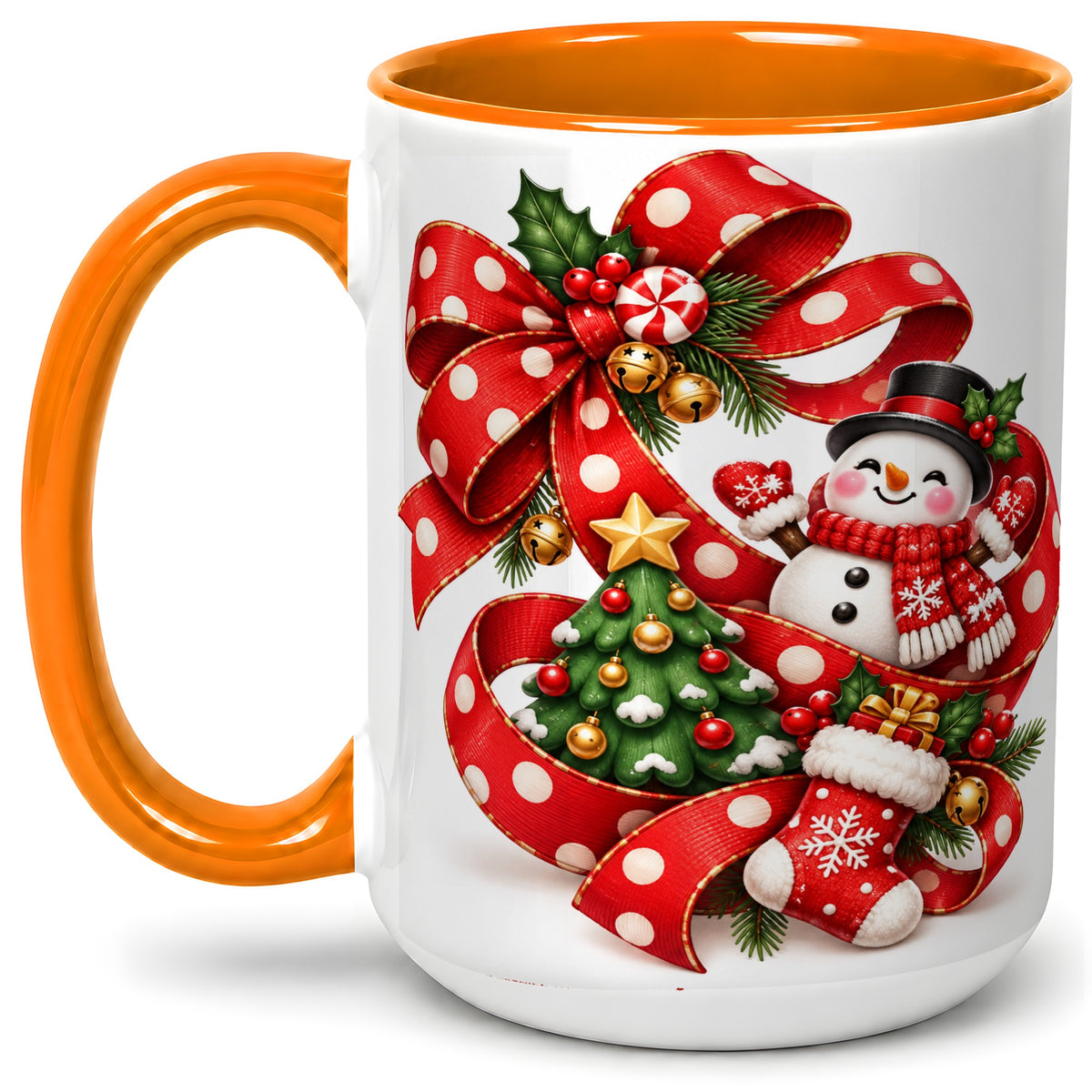 #pl[15oz|Orange] Snowman Christmas Bow Accent Mug, Ceramic Cup with Festive Art