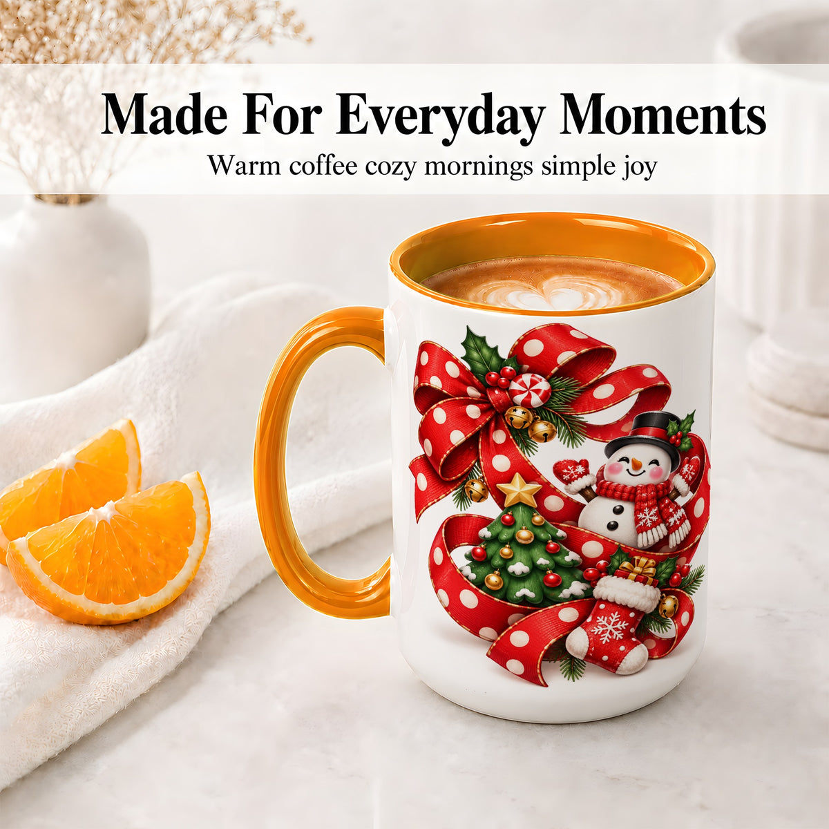 #pl[15oz|Orange] Snowman Christmas Bow Accent Mug, Ceramic Cup with Festive Art