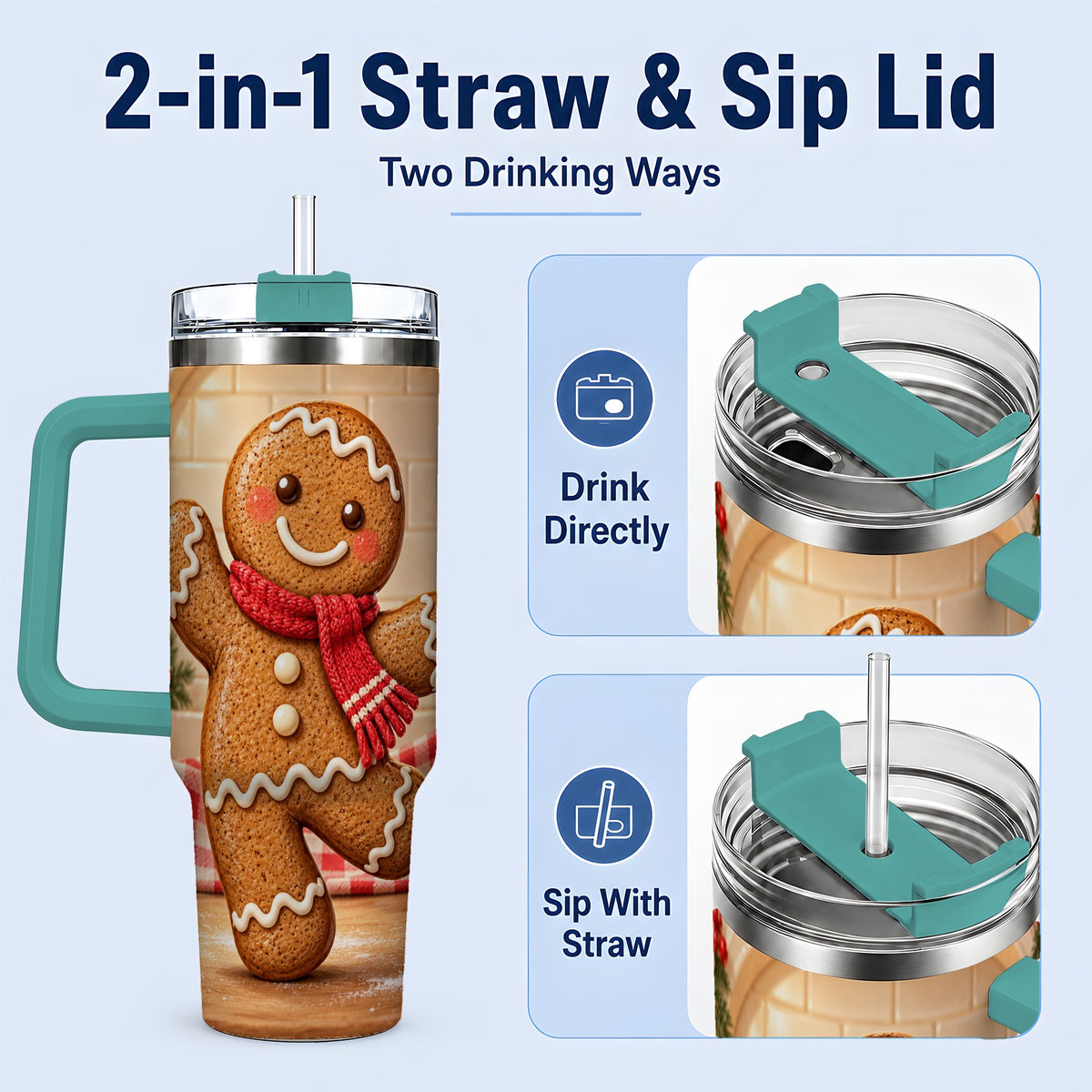 #pl[40oz|Green] Gingerbread Cookie 40oz Tumbler, Festive Red Scarf Holiday Design