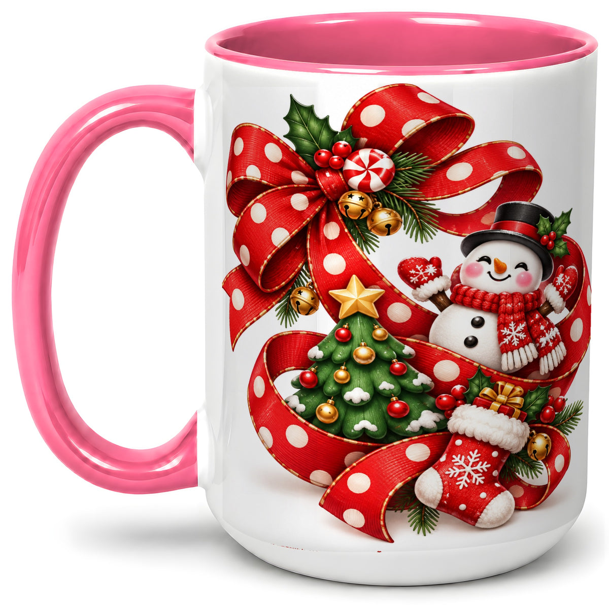 #pl[15oz|Pink] Snowman Christmas Bow Accent Mug, Ceramic Cup with Festive Art