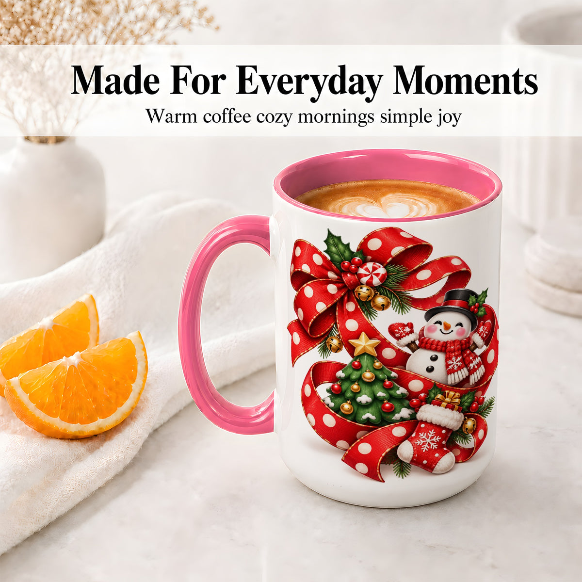 #pl[15oz|Pink] Snowman Christmas Bow Accent Mug, Ceramic Cup with Festive Art