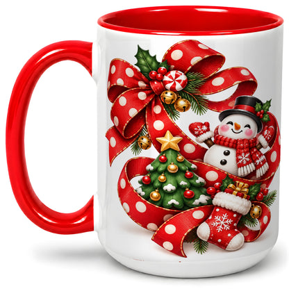 #pl[15oz|Red] Snowman Christmas Bow Accent Mug, Ceramic Cup with Festive Art