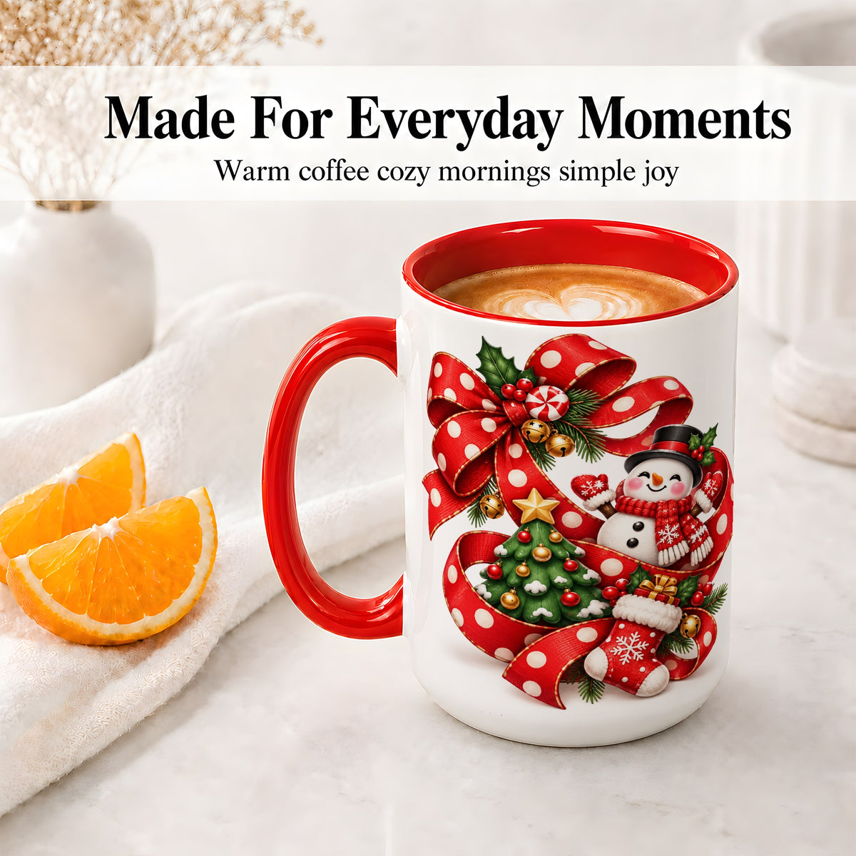 #pl[15oz|Red] Snowman Christmas Bow Accent Mug, Ceramic Cup with Festive Art