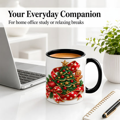 #pl[11oz|Black] Gingerbread Christmas Tree Accent Mug, Ceramic Cup with Holiday Art