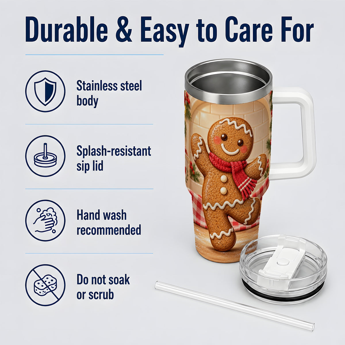 Gingerbread Cookie 40oz Tumbler, Festive Red Scarf Holiday Design