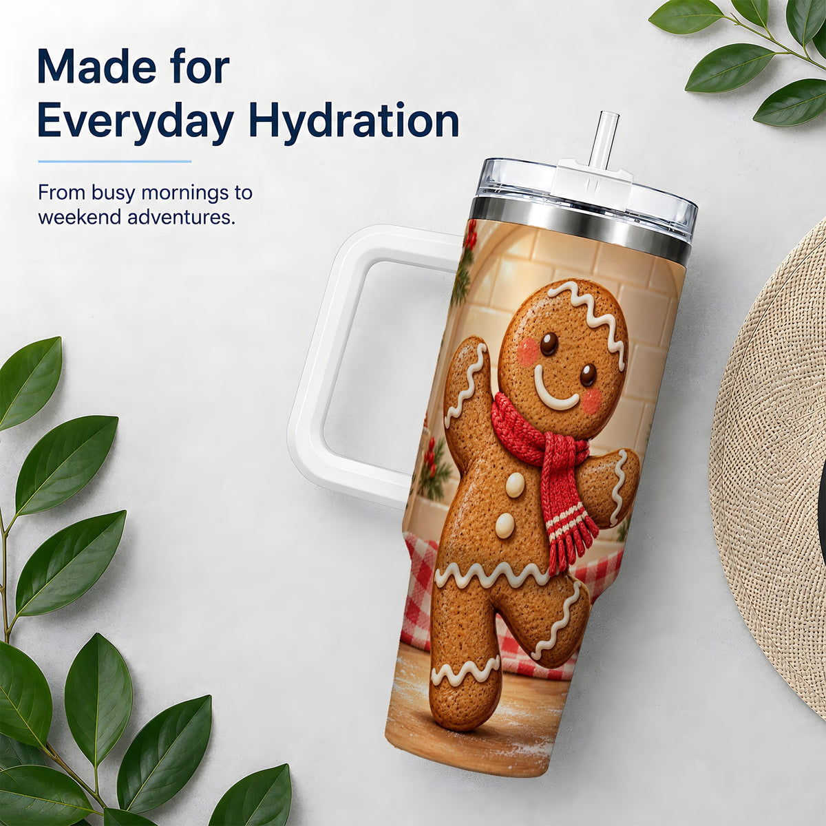 Gingerbread Cookie 40oz Tumbler, Festive Red Scarf Holiday Design
