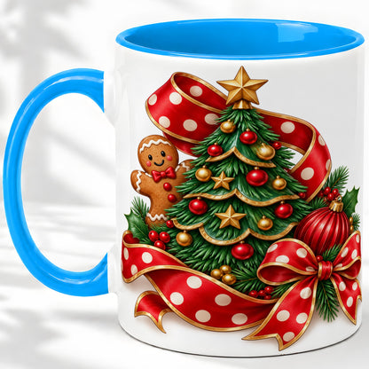#pl[11oz|Blue] Gingerbread Christmas Tree Accent Mug, Ceramic Cup with Holiday Art