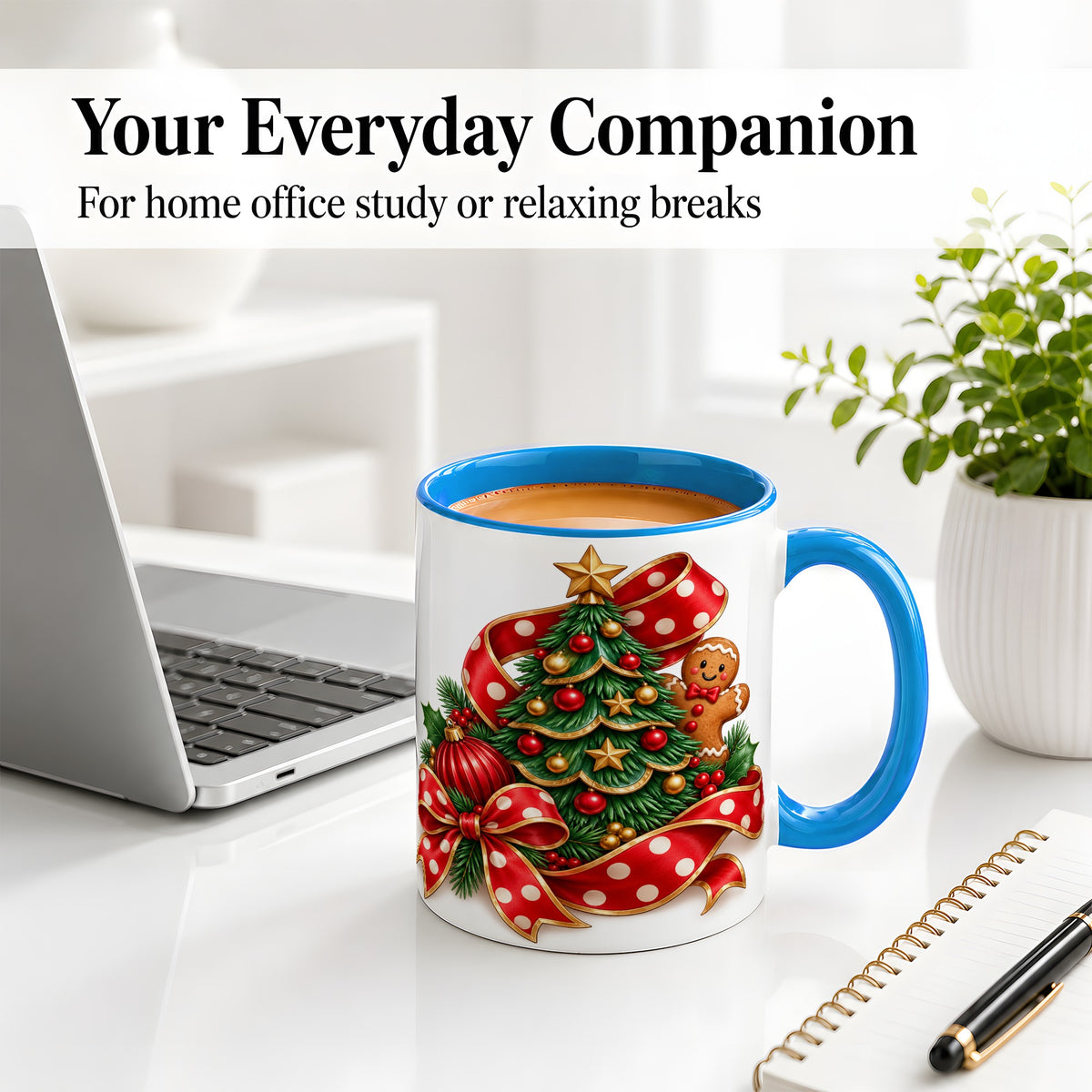 #pl[11oz|Blue] Gingerbread Christmas Tree Accent Mug, Ceramic Cup with Holiday Art