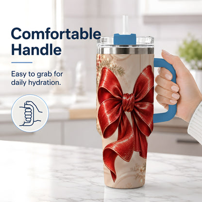 #pl[40oz|Blue] Red Christmas Bow 40oz Tumbler, Elegant Festive Ribbon Design