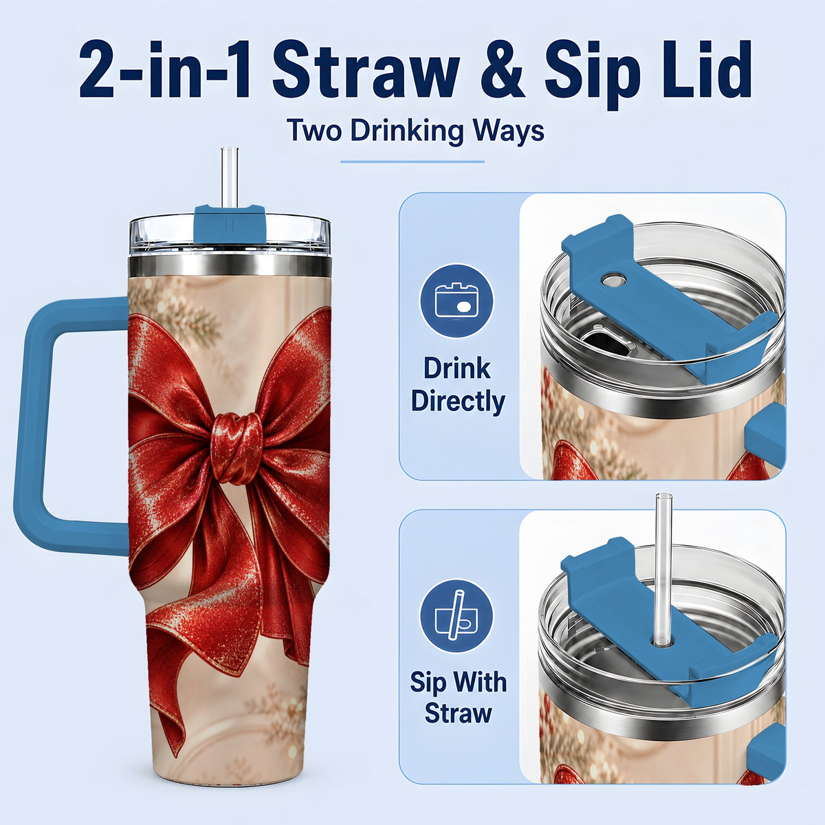 #pl[40oz|Blue] Red Christmas Bow 40oz Tumbler, Elegant Festive Ribbon Design
