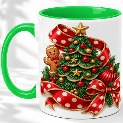 #pl[11oz|Green] Gingerbread Christmas Tree Accent Mug, Ceramic Cup with Holiday Art