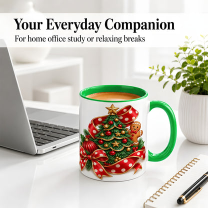 #pl[11oz|Green] Gingerbread Christmas Tree Accent Mug, Ceramic Cup with Holiday Art