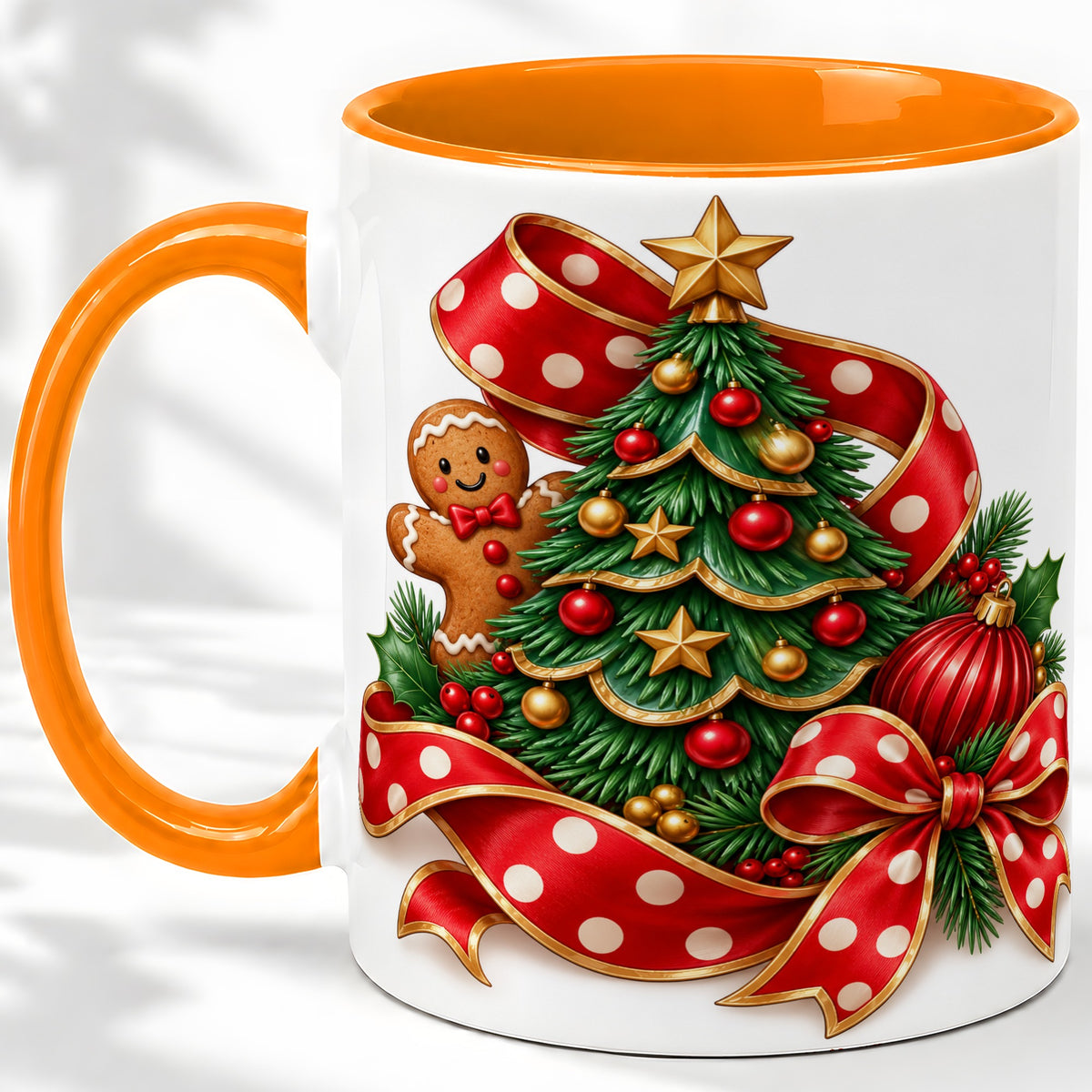 #pl[11oz|Orange] Gingerbread Christmas Tree Accent Mug, Ceramic Cup with Holiday Art