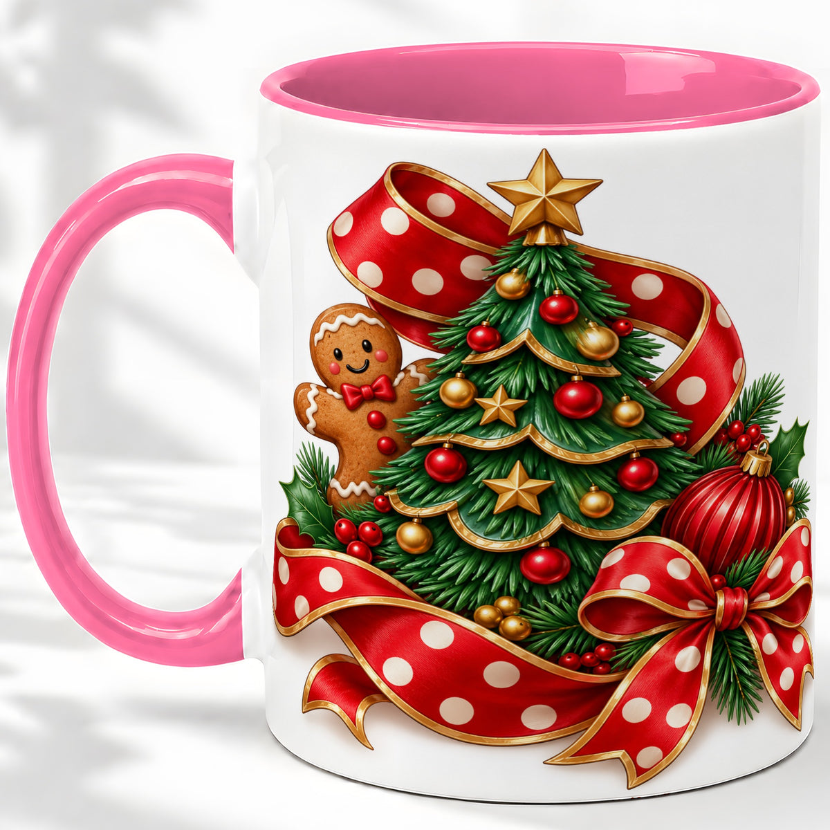 #pl[11oz|Pink] Gingerbread Christmas Tree Accent Mug, Ceramic Cup with Holiday Art